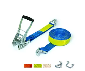 5T - Standard Tie-Down Strap - 5T - 50mm - 2-part - Double J-hook/Rave hook - Fluo + Custom label